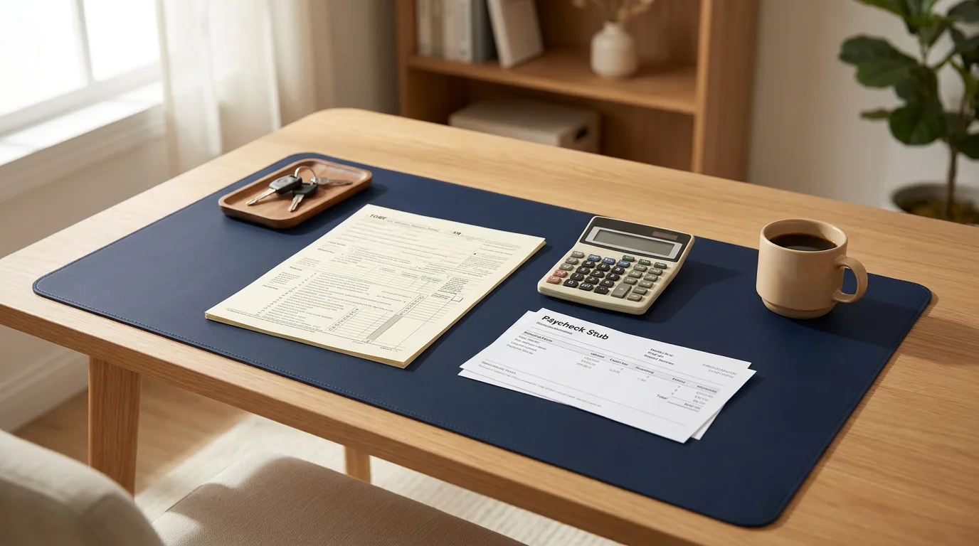A calm, orderly desk with a tax form, a calculator, a paycheck, a coffee cup, and car keys under soft daylight, representing the four new 2026 deductions